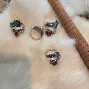Turquoise and Red Stone Silver Ring Set